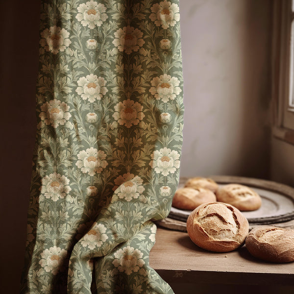 Green Floral Linen Curtain Panel: Victorian Style Drapes