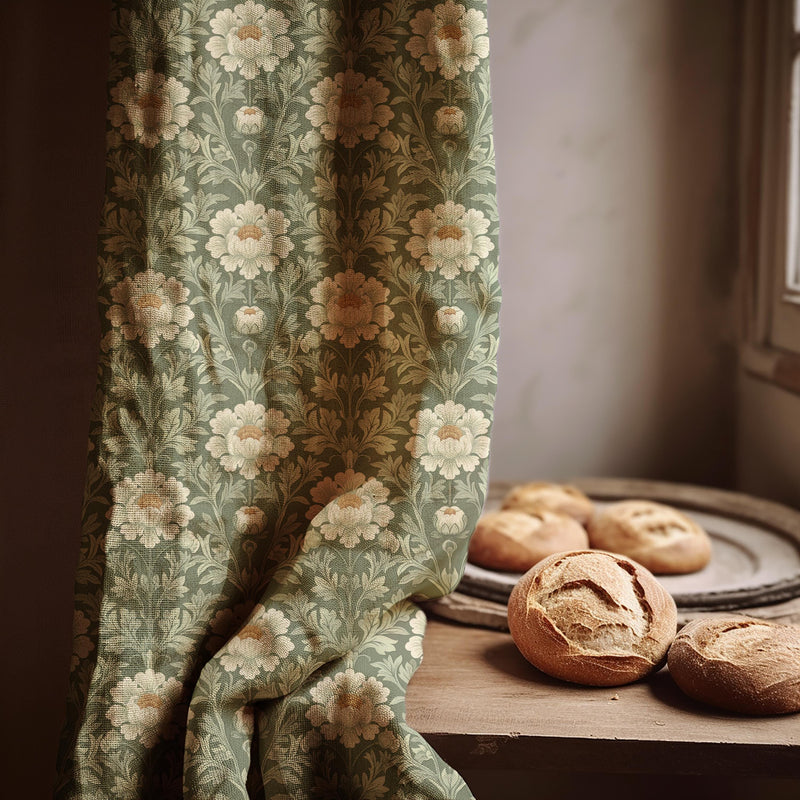 Green Floral Linen Curtain Panel: Victorian Style Drapes