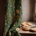 Morris Style Linen Curtain: Vintage Floral Botanical Drapes, Green & Gold - Single Panel - Image 1