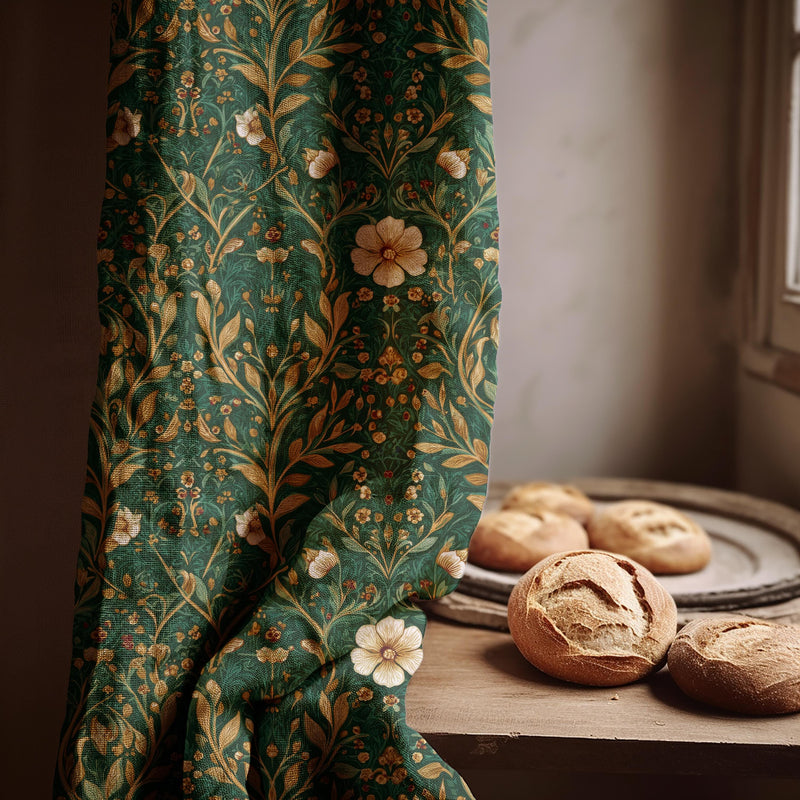 Morris Style Linen Curtain: Vintage Floral Botanical Drapes, Green & Gold - Single Panel