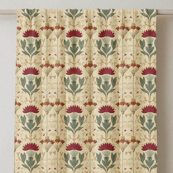 Burgundy Floral Linen Curtain Panel: Vintage Botanical Print, Cream Backdrop