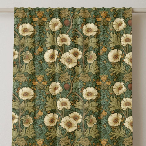 William Morris Style Linen Curtain: Dark Cottagecore Floral Window Panel