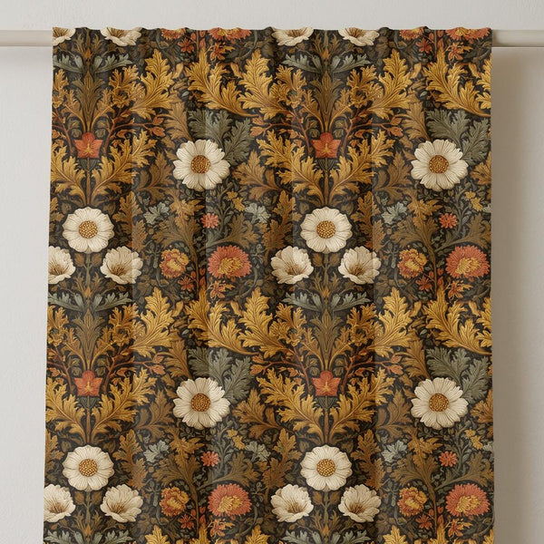 Victorian Floral Linen Curtain: Dark Academia Botanical Window Panel