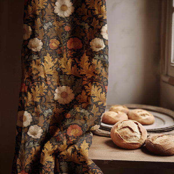 Victorian Floral Linen Curtain: Dark Academia Botanical Window Panel