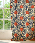 Floral Linen Curtain Panel: Red Poppy & Navy Leaf Print - Image 2