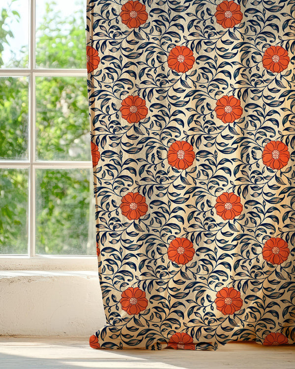 Floral Linen Curtain Panel: Red Poppy & Navy Leaf Print