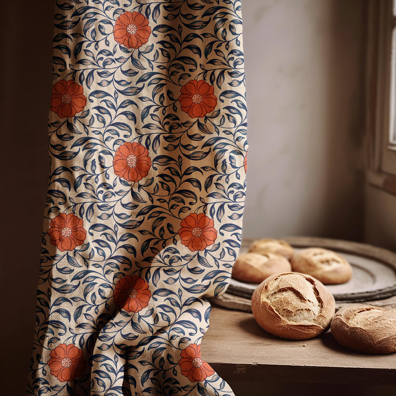 Floral Linen Curtain Panel: Red Poppy & Navy Leaf Print