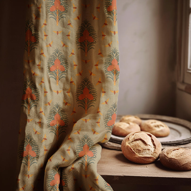 Retro Palm Tree Linen Curtain Panel: Tropical Botanical Window Treatment