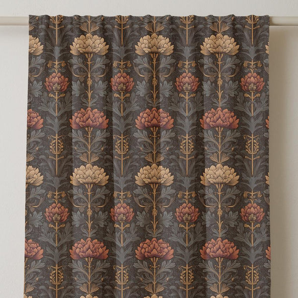 Art Nouveau Floral Linen Curtain Panel: Burnt Orange & Beige