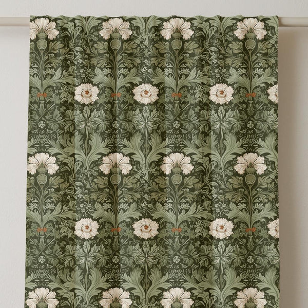 William Morris Style Linen Curtain: Dark Green Floral Botanical Panel