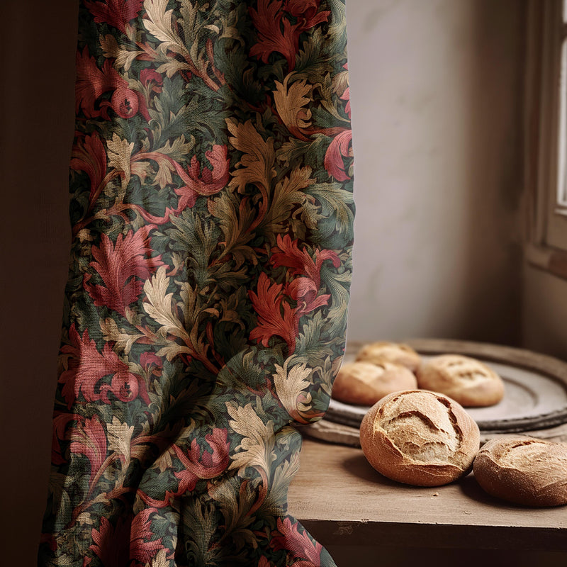Acanthus Linen Curtain Panel: Vintage Scroll Leaf, William Morris Style