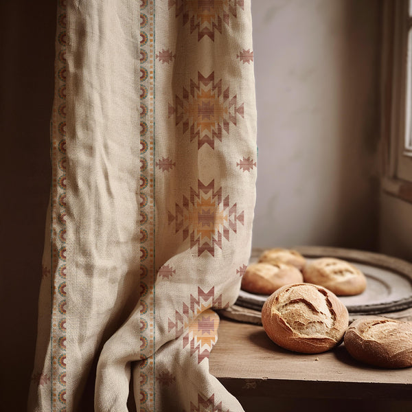 Southwestern Linen Curtain: Tribal Star Terracotta & Mustard Panel