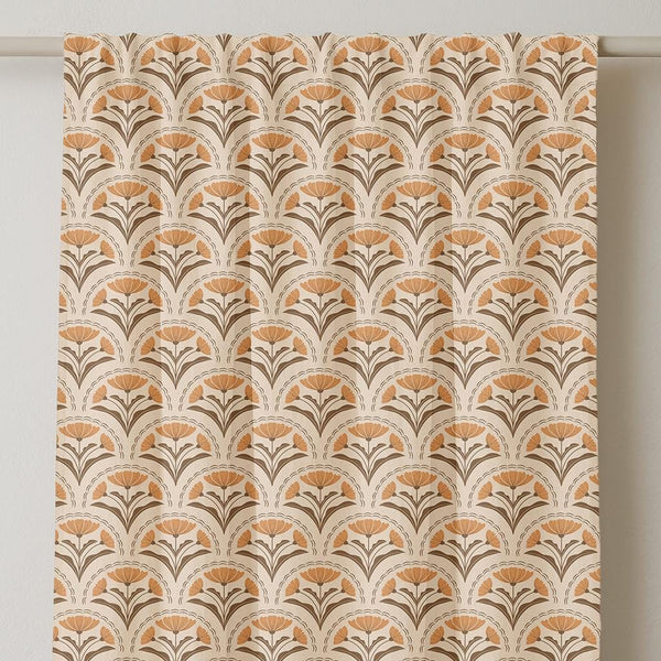 Retro Floral Linen Curtain: Mustard Art Nouveau Botanical Drapery