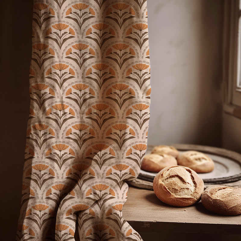 Retro Floral Linen Curtain: Mustard Art Nouveau Botanical Drapery