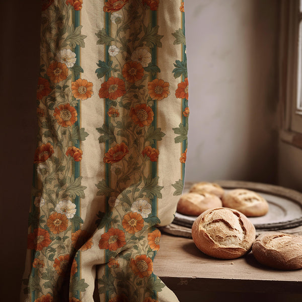 Burnt Orange Floral Stripe Linen Curtain - Retro Botanical Decor