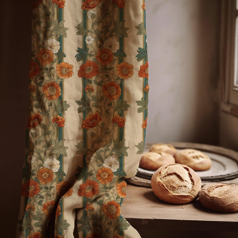 Burnt Orange Floral Stripe Linen Curtain - Retro Botanical Decor