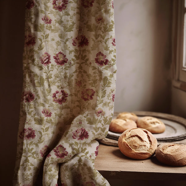 Dusty Rose Peony Linen Curtain Panel: Vintage Botanical Print