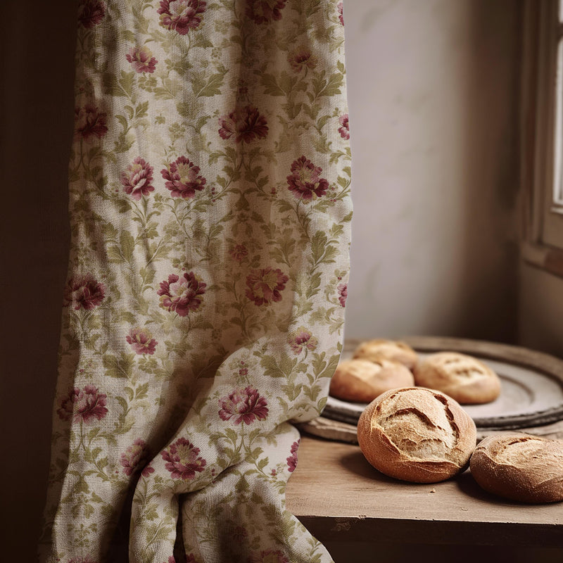 Dusty Rose Peony Linen Curtain Panel: Vintage Botanical Print