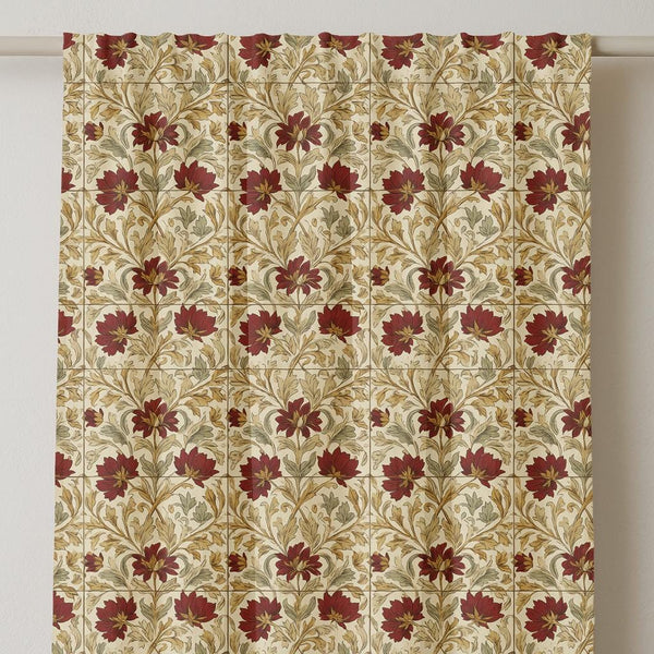 Vintage Floral Linen Curtain – William Morris Inspired Red Botanical Panel for Classic Home Decor