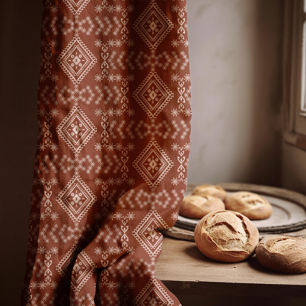 Boho Tribal Linen Curtain – Terracotta Geometric Panel for Rustic and Southwestern Inspired Interiors