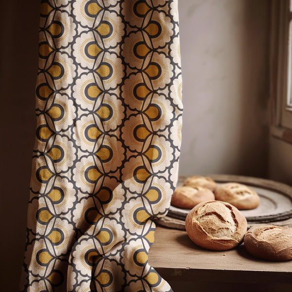 Retro Floral Linen Curtain: Mid Century Modern Yellow & Black Drapery