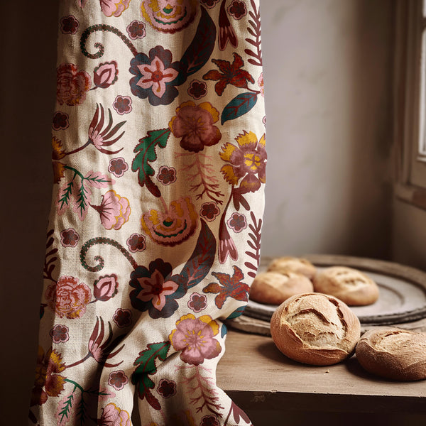 Floral Linen Curtain Panel: Burgundy, Pink & Mustard Botanical Print