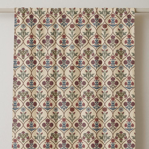 Folk Art Floral Linen Curtain: Red, Blue & Green Botanical Drapes