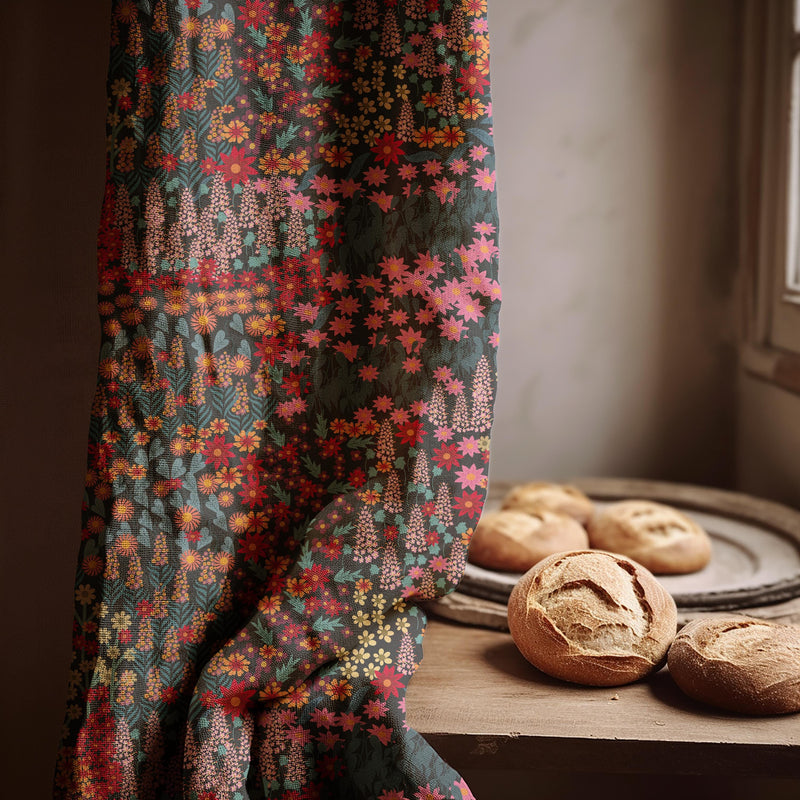 Wildflower Linen Curtain Panel: Dark Botanical Print, Custom Length