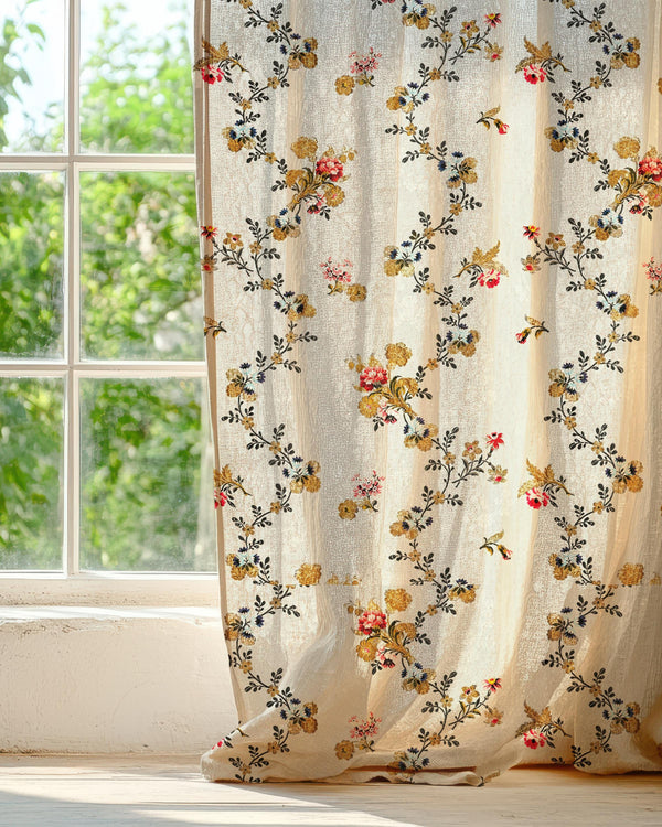 Botanical Linen Curtain Panel: Beige Vine with Red & Yellow Flowers