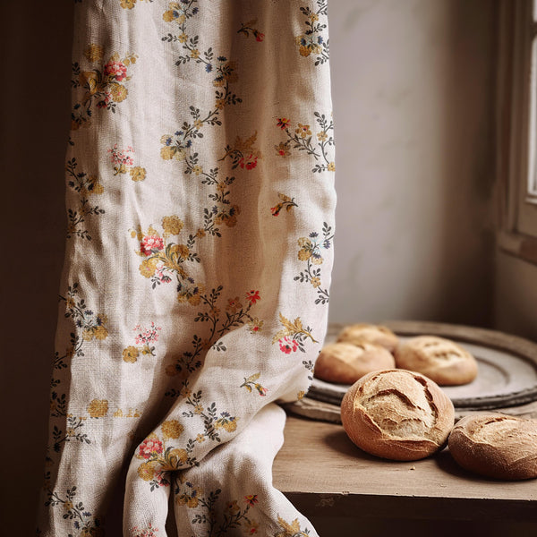 Botanical Linen Curtain Panel: Beige Vine with Red & Yellow Flowers