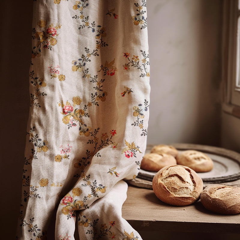 Botanical Linen Curtain Panel: Beige Vine with Red & Yellow Flowers
