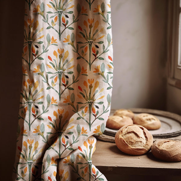 Floral Linen Curtain Panel: Cottagecore Farmhouse Decor - Green, Yellow, Orange