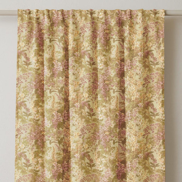 Vintage Floral Linen Curtain Panel: Beige Mauve Botanical Print