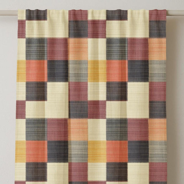 Checkered Linen Curtain Panel: Rustic Modern Grid Window Decor