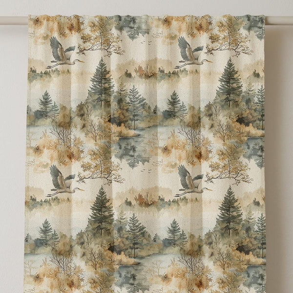 Watercolor Forest Linen Curtain Panel: Crane & Pine Tree Landscape