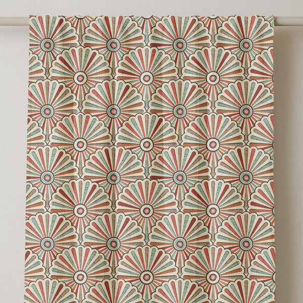 Retro Art Deco Linen Curtain: Teal, Coral, Beige - Custom Panel