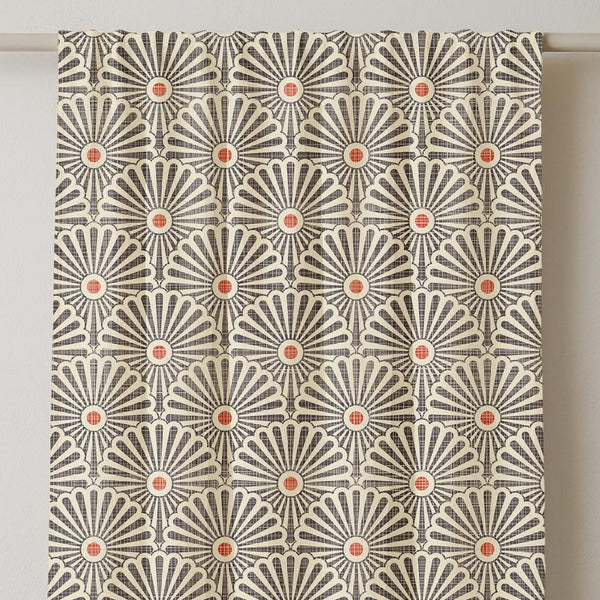 Art Deco Linen Curtain: Retro Fan Pattern, Coral Accents - Single Panel