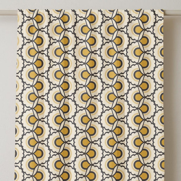 Retro Floral Linen Curtain: Mid Century Modern Yellow & Black Drapery