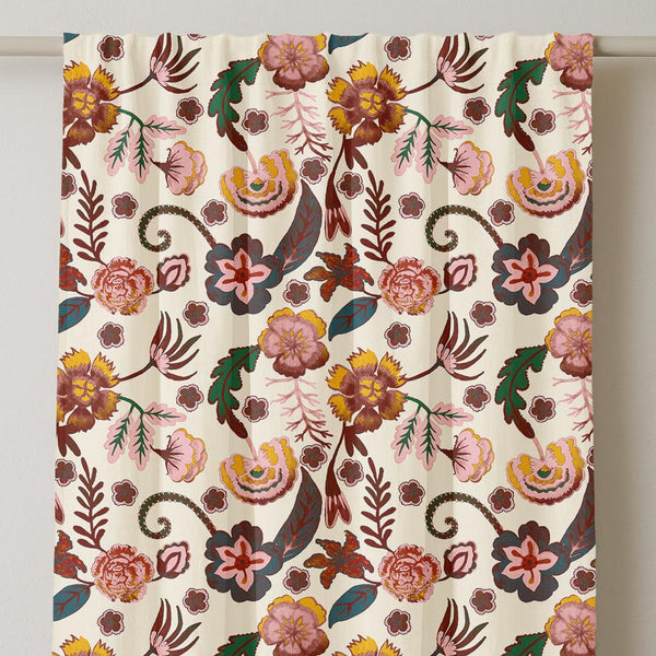 Floral Linen Curtain Panel: Burgundy, Pink & Mustard Botanical Print