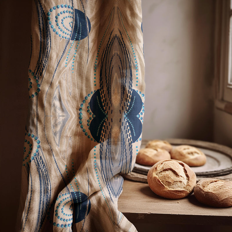 Abstract Blue Linen Curtain: Tribal Inspired Drapes, Modern Interior