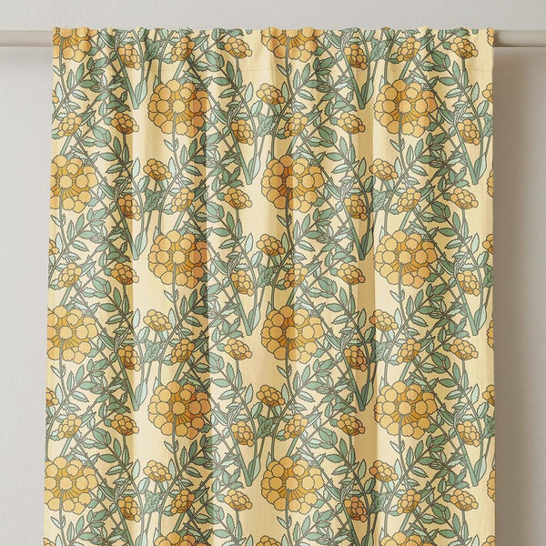 Yellow Marigold Linen Curtain Panel: Vintage Botanical Cottagecore Decor