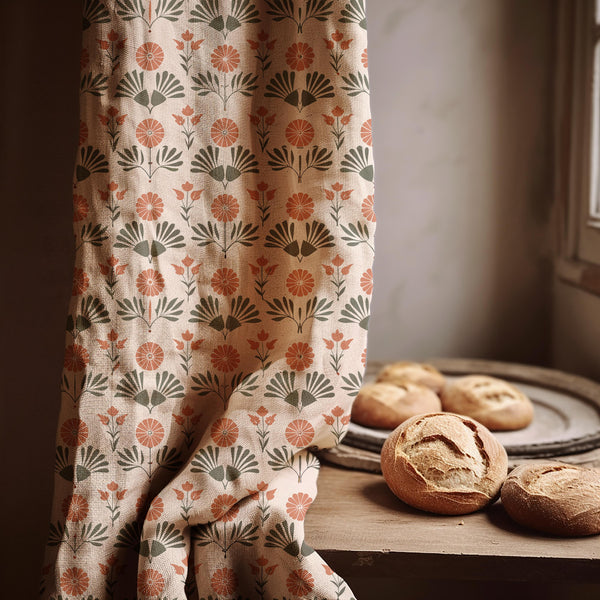 Retro Floral Linen Curtain Panel: Mid-Century Modern Orange & Green