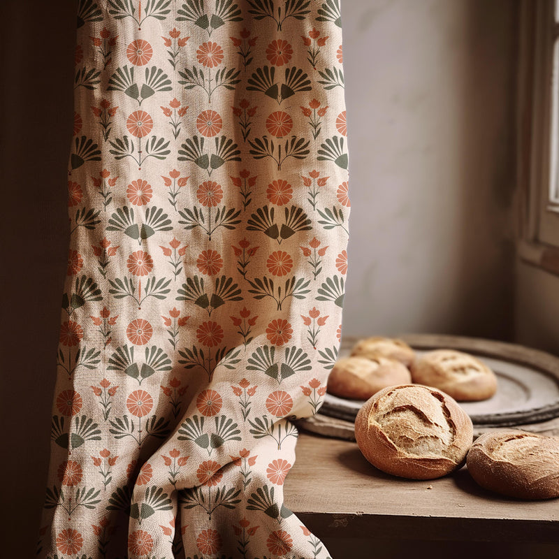 Retro Floral Linen Curtain Panel: Mid-Century Modern Orange & Green