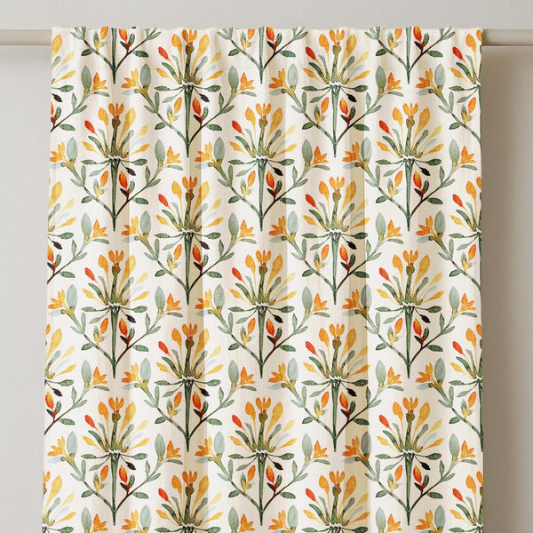 Floral Linen Curtain Panel: Cottagecore Farmhouse Decor - Green, Yellow, Orange