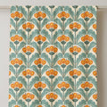 Retro Floral Linen Curtain: Orange & Green Art Deco Botanical Panel - Image 2