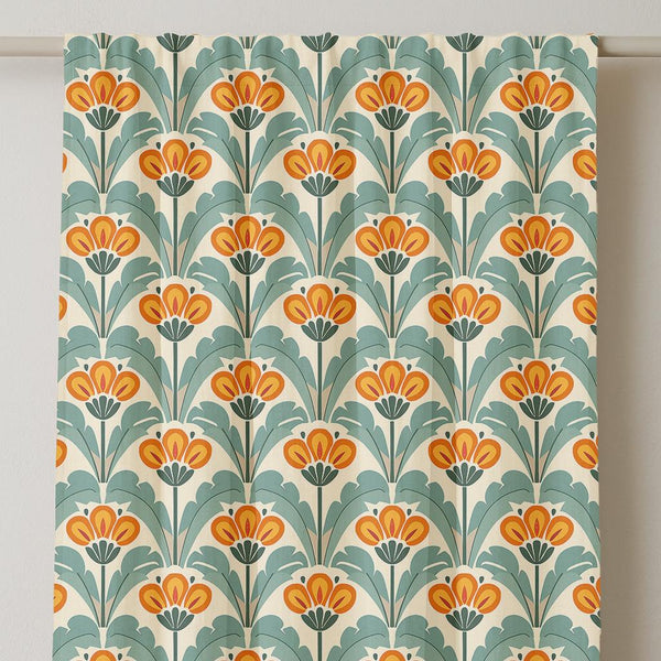 Retro Floral Linen Curtain: Orange & Green Art Deco Botanical Panel