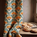 Retro Floral Linen Curtain: Orange & Green Art Deco Botanical Panel - Image 1