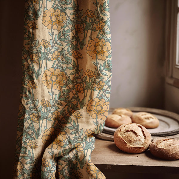 Yellow Marigold Linen Curtain Panel: Vintage Botanical Cottagecore Decor
