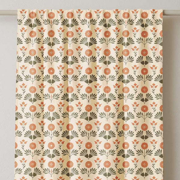 Retro Floral Linen Curtain Panel: Mid-Century Modern Orange & Green