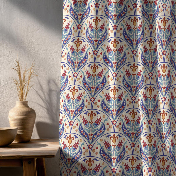 Vintage Turkish Tulip Linen Curtain: Ottoman Beige & Blue Drapery